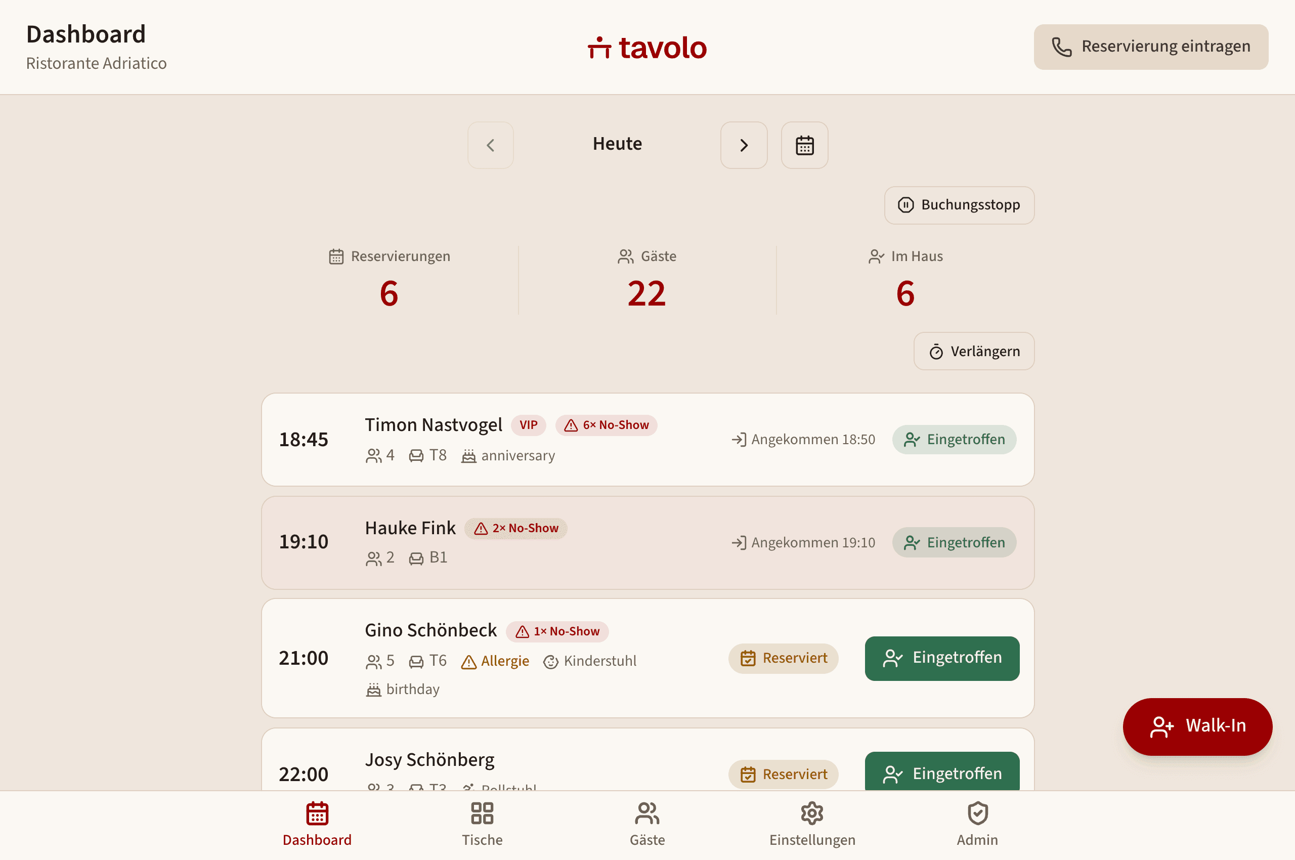 Echter Screenshot des Tavolo-Dashboards: die Heute-Ansicht des Demo-Restaurants mit Reservierungsliste, Status je Gast und Walk-In-Knopf
